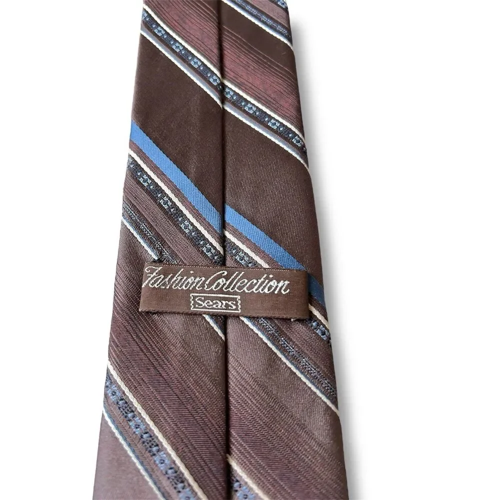 Vtg Fashion Collection Sears Brown Blue & White Lines Tie 55” X 3” Men’s Tie